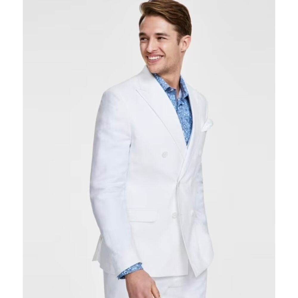 Bar III Men’s Slim Fit Double-Breasted Sport Coat Blazer, White, 100% Linen, 38R